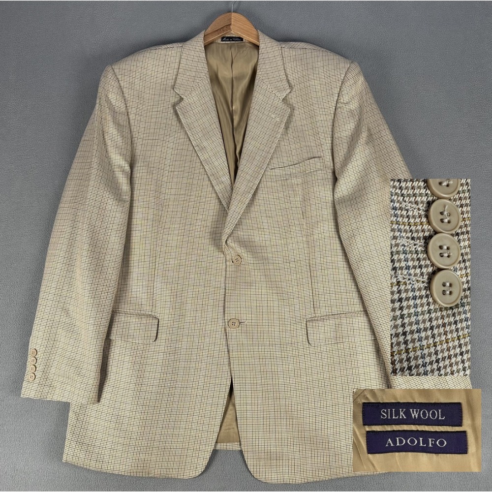 Adolfo Blazer Jacket Mens 48L Long Beige Houndstooth Silk Wool Old Money